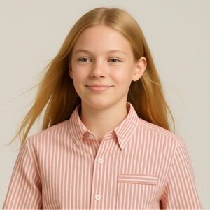 👚 K.C. Parker Pink & White Striped Cotton Button-Up Shirt Girls 12- 14 NWT